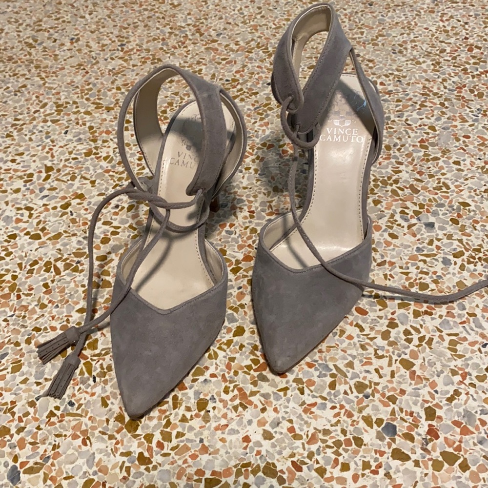 grey closed toe heels with fringe tie